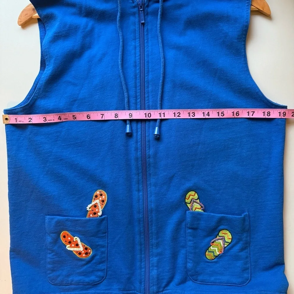 Mandal Bay Full Zip Sleeveless Vest Blue Embroidered Hooded Vest 100% Cotton SP - Picture 7 of 7